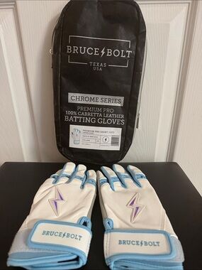 Bruce Bolt Chrome Series Batting Gloves - White & Light Blue size youth large